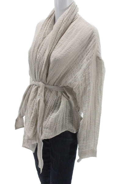 QL2 Womens Kimono Blouse Beige Linen Cowl Neck Tie Long Sleeve Size 42
