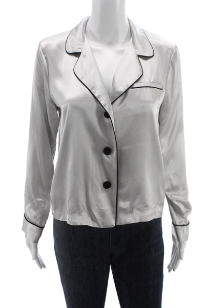 Fleur du Mal Women Silk Button Down Blouse Collared Long Sleeve Silver Size S