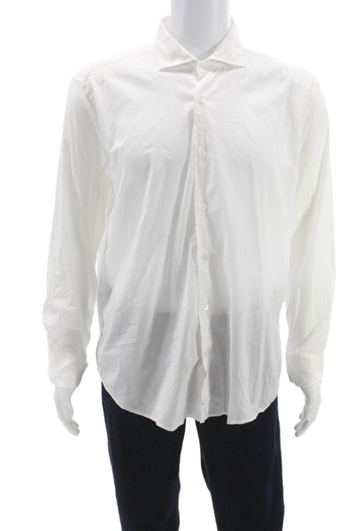 Fedeli Mens Dress Shirt White Cotton Blend Button Up Long Sleeve Size 18