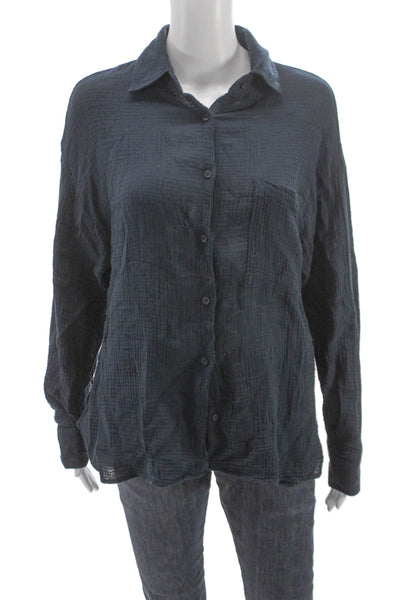 Stateside Women Collared Cotton Button-Up Long Sleeve Blue Size S