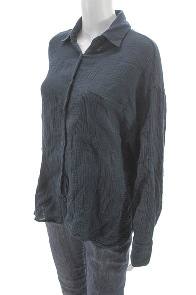 Stateside Women Collared Cotton Button-Up Long Sleeve Blue Size S