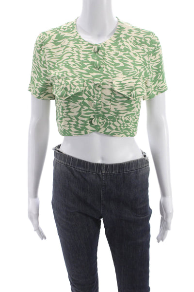 Song Of Style Women Cropped Blouse Green Geometric Short Sleeve Size S