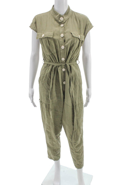 Zara Women Green Linen Collared Utility Jumpsuit Button Closure Size M