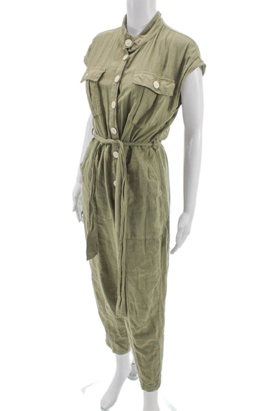 Zara Women Green Linen Collared Utility Jumpsuit Button Closure Size M