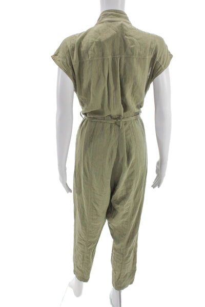 Zara Women Green Linen Collared Utility Jumpsuit Button Closure Size M