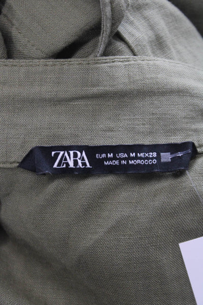 Zara Women Green Linen Collared Utility Jumpsuit Button Closure Size M