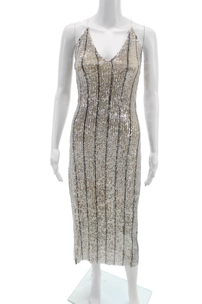 Zara Womens Bodycon Sequin V-Neck Mid-Calf Dress Silver Size S