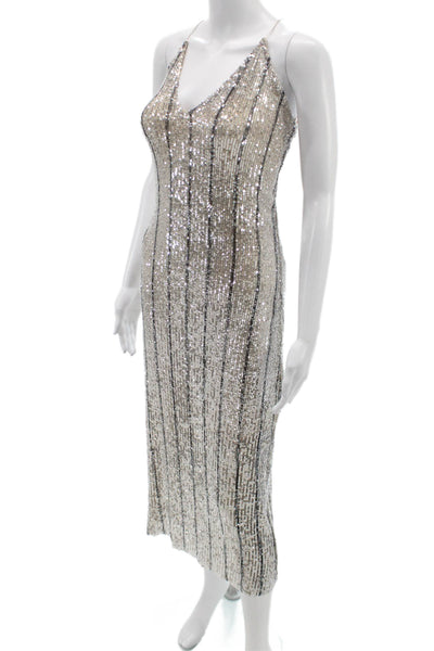 Zara Womens Bodycon Sequin V-Neck Mid-Calf Dress Silver Size S