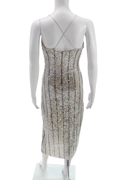 Zara Womens Bodycon Sequin V-Neck Mid-Calf Dress Silver Size S