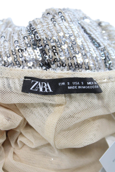 Zara Womens Bodycon Sequin V-Neck Mid-Calf Dress Silver Size S