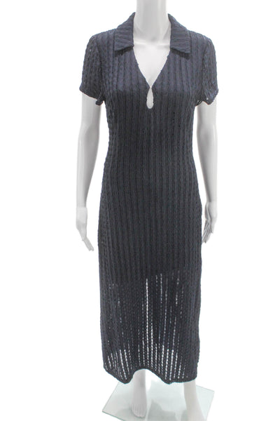 Donna Morgan Womens Maxi Dress Blue Collared Short Sleeve Zip Polyester Size 6