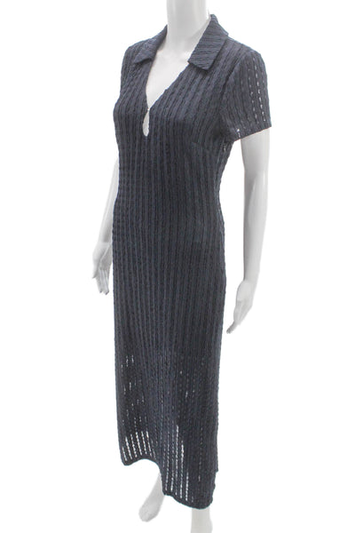 Donna Morgan Womens Maxi Dress Blue Collared Short Sleeve Zip Polyester Size 6