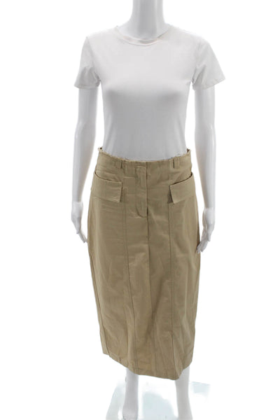Zara Women Straight Pencil Beige Cotton Button Midi Skirt Utility Size S