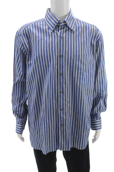 Ermenegildo Zegna Mens Button Front Long Sleeve Striped Shirt Blue White 2XL
