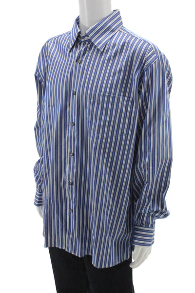 Ermenegildo Zegna Mens Button Front Long Sleeve Striped Shirt Blue White 2XL