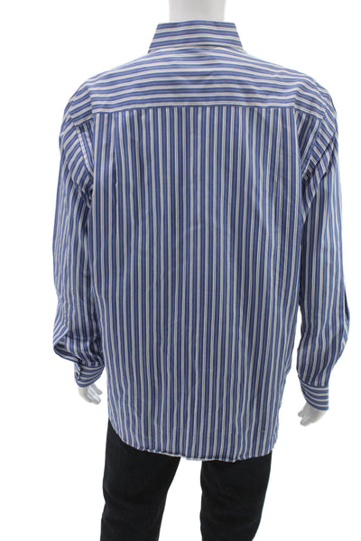 Ermenegildo Zegna Mens Button Front Long Sleeve Striped Shirt Blue White 2XL