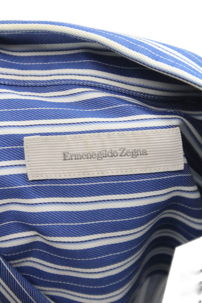 Ermenegildo Zegna Mens Button Front Long Sleeve Striped Shirt Blue White 2XL