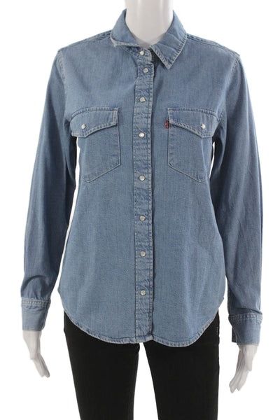 Levis Women Blue Cotton Collared Western Long Sleeve Button-Up Size S