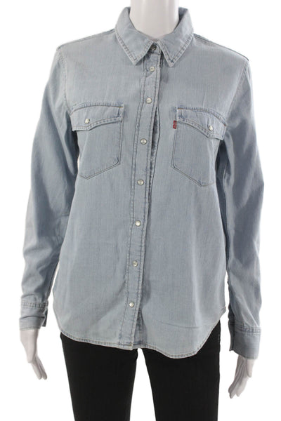 Levis Women Collared Snap Front Cotton Long Sleeve Button-Up Top Blue Size S