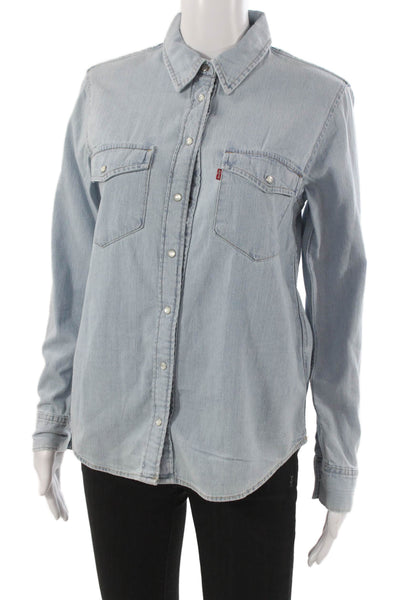 Levis Women Collared Snap Front Cotton Long Sleeve Button-Up Top Blue Size S