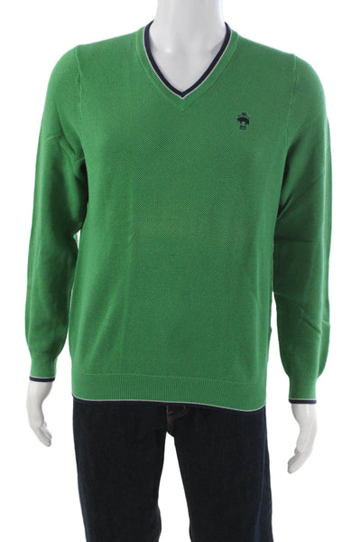 Brooks Brothers Mens Green V Neck Pullover Sweater Cotton Long Sleeve Size S