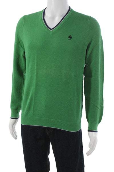 Brooks Brothers Mens Green V Neck Pullover Sweater Cotton Long Sleeve Size S