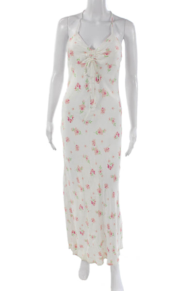 Zara Women White Floral Halter Maxi Dress Viscose Sleeveless Midi Size S