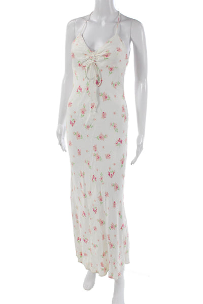 Zara Women White Floral Halter Maxi Dress Viscose Sleeveless Midi Size S