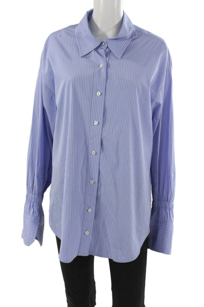 A.L.C. Womens Blue Striped Collared Button Up Cotton Long Sleeve Top Size 4