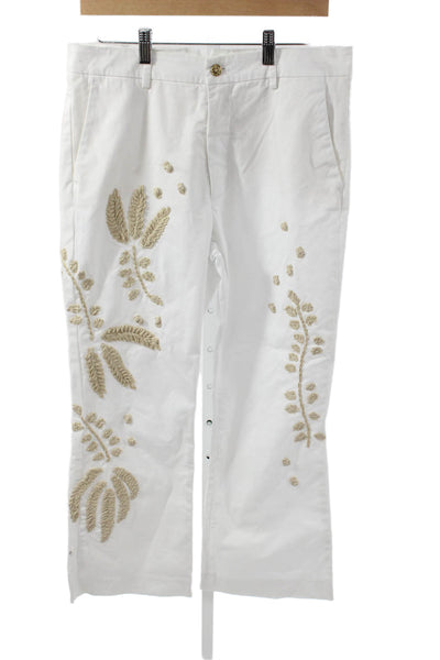 History Repeats Womens Chino Pants White Floral Cotton High Rise Button Size 42