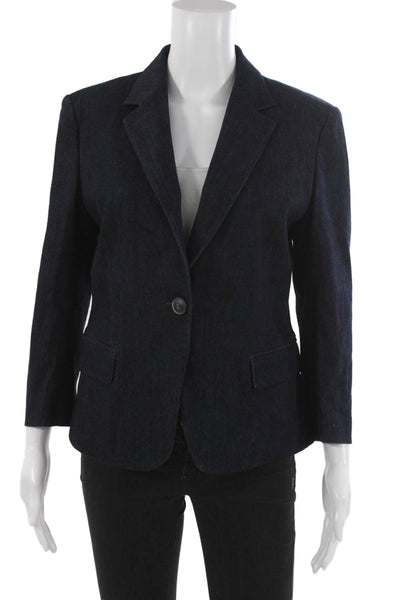 Sharis Womens Blue Cotton Denim Blazer Button Long Sleeve Size 44
