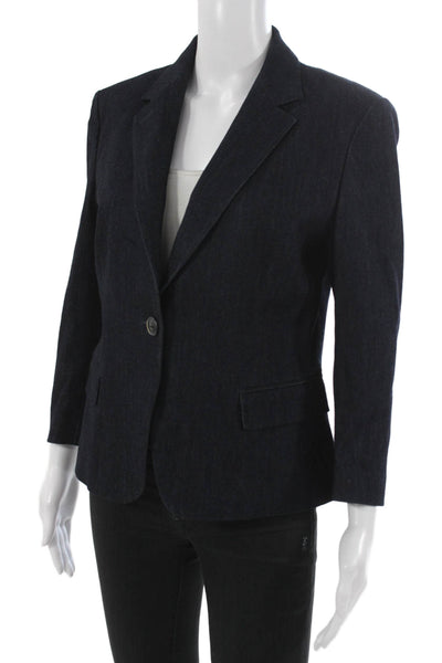 Sharis Womens Blue Cotton Denim Blazer Button Long Sleeve Size 44