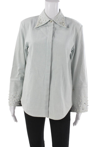 Maison Nica Womens Button-Up Cotton Blue Collared Long Sleeve Coat Size XS