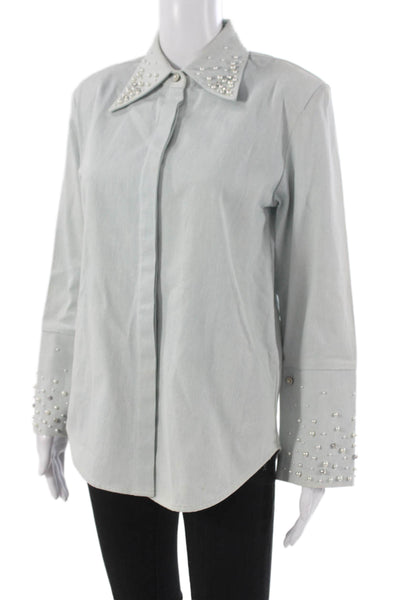 Maison Nica Womens Button-Up Cotton Blue Collared Long Sleeve Coat Size XS