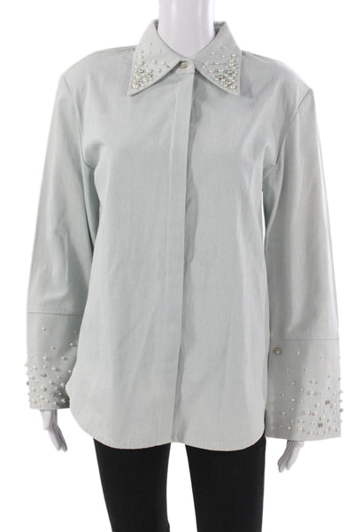 Maison Nica Women Basic Button-Up Cotton Collared Long Sleeve Blue Size 8
