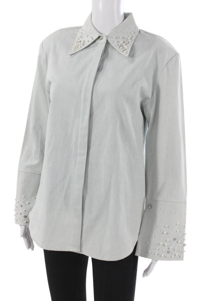 Maison Nica Women Basic Button-Up Cotton Collared Long Sleeve Blue Size 8
