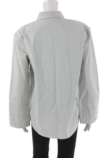 Maison Nica Women Basic Button-Up Cotton Collared Long Sleeve Blue Size 8