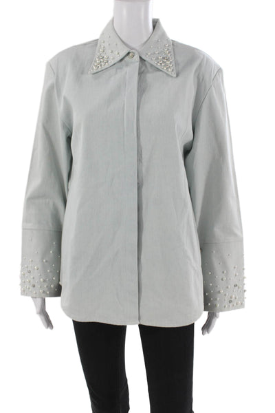 Maison Nica Women Blue Cotton Collared Button Long Sleeve Basic Blouse Size S