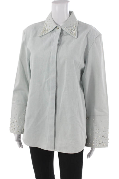 Maison Nica Women Blue Cotton Collared Button Long Sleeve Basic Blouse Size S