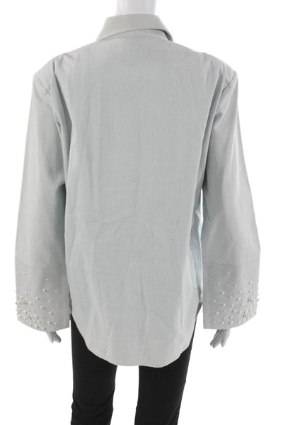 Maison Nica Women Blue Cotton Collared Button Long Sleeve Basic Blouse Size S