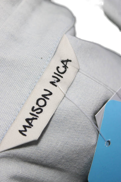 Maison Nica Women Blue Cotton Collared Button Long Sleeve Basic Blouse Size S