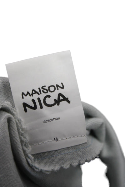 Maison Nica Women Blue Cotton Collared Button Long Sleeve Basic Blouse Size S