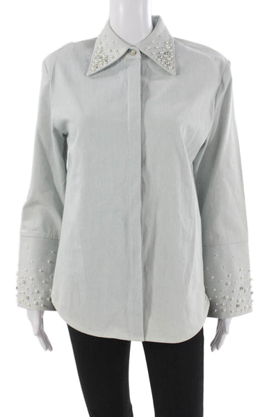 Maison Nica Women Basic Button-Up Coat Blue Cotton Collared Long Sleeve Size M