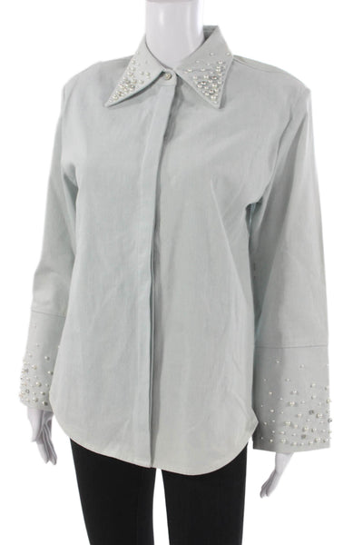 Maison Nica Women Basic Button-Up Coat Blue Cotton Collared Long Sleeve Size M