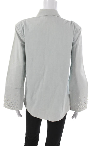 Maison Nica Women Basic Button-Up Coat Blue Cotton Collared Long Sleeve Size M