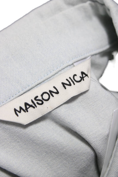 Maison Nica Women Basic Button-Up Coat Blue Cotton Collared Long Sleeve Size M