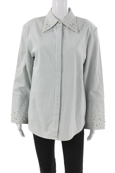 Maison Nica Women Blue Collared Cotton Basic Button-Up Coat Long Sleeve Size L