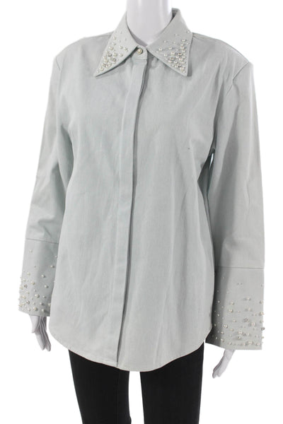 Maison Nica Women Blue Collared Cotton Basic Button-Up Coat Long Sleeve Size L
