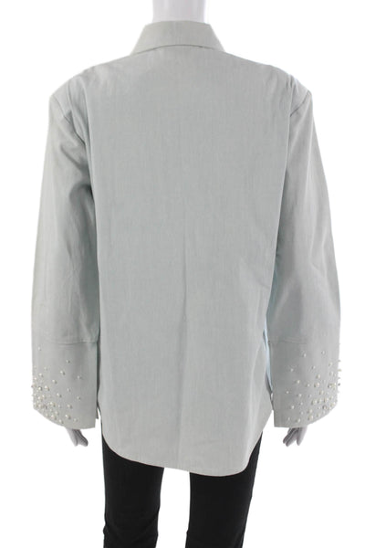 Maison Nica Women Blue Collared Cotton Basic Button-Up Coat Long Sleeve Size L