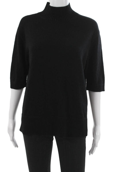 Sharis Women Black 100% Cashmere Mock Neck Short Sleeve Pullover Size L